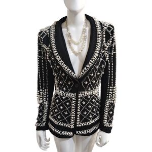 Mateeno Women's LA PERLA Pearl Embellished Beaded Old Money Prep Blazer size M